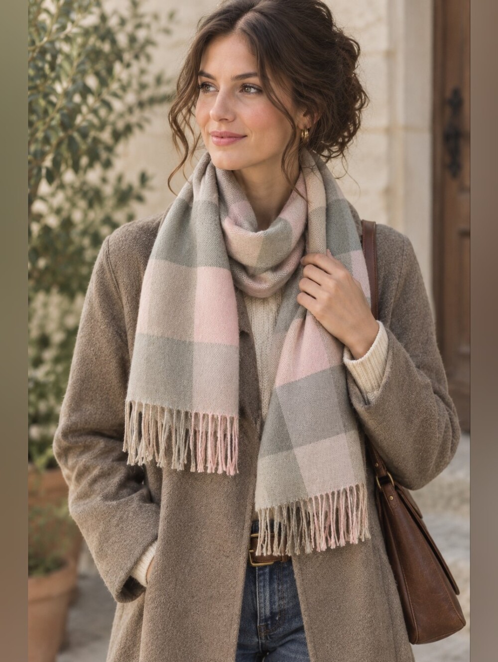 Cashmere Pink Gray Checkered Scarf Fringe Y2K